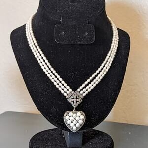 Vintage Sterling 925 CFJ Multi-Strand Pearl Marcasite Heart Necklace
